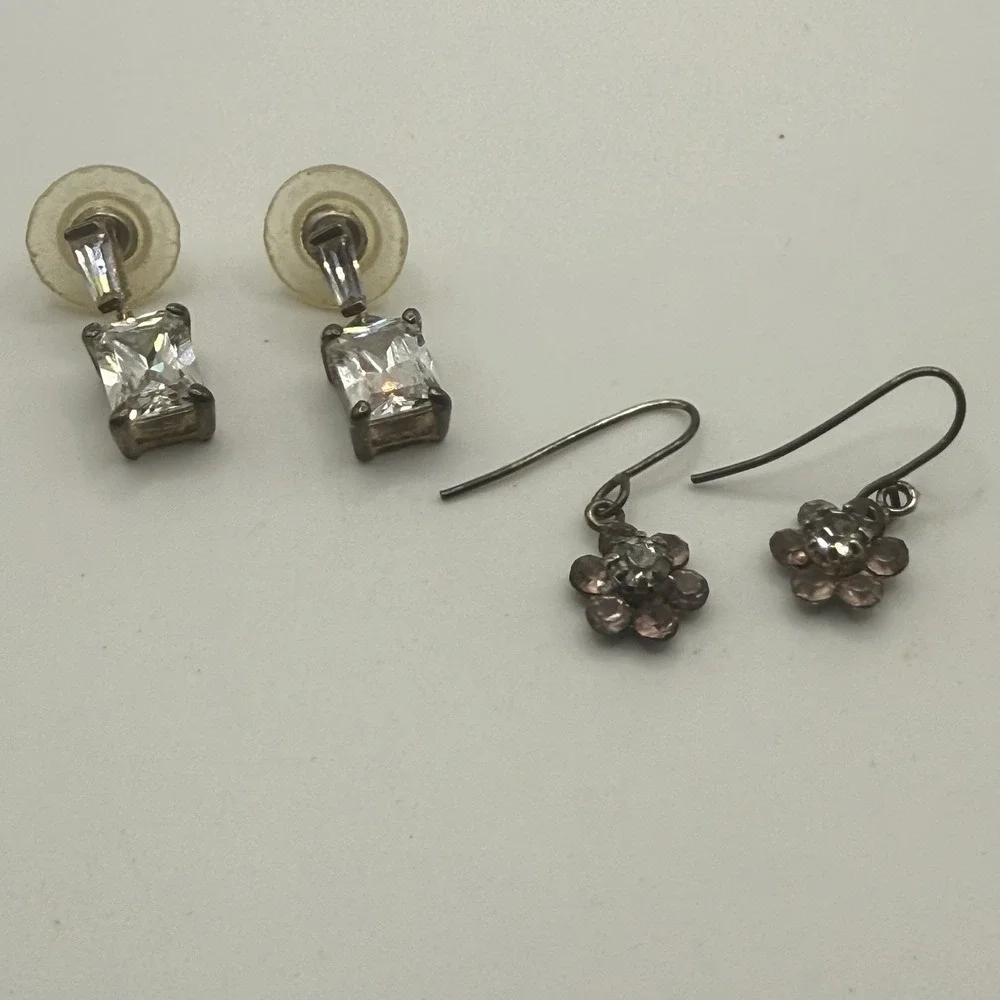 Vintage Rhinestone Earrings Two Pairs‎ Pierced Dangle Clear Pink Flower